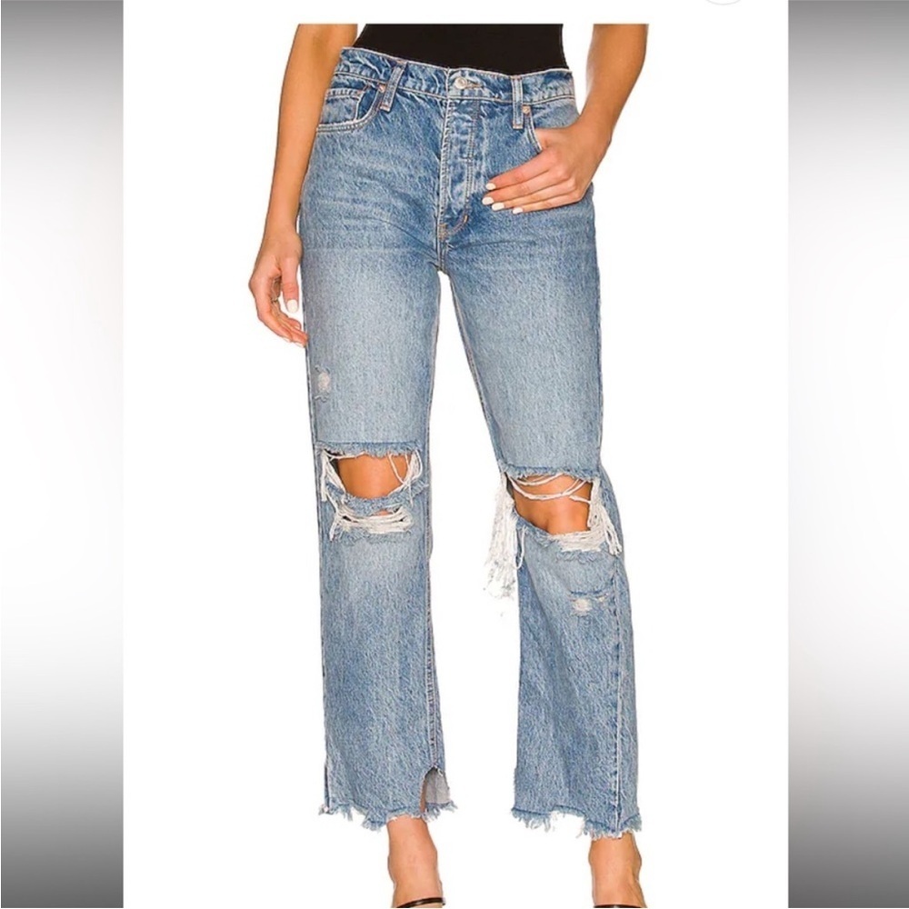 Free People Tapered Baggy Boyfriend Distressed Mid Century Blue Jeans Holes